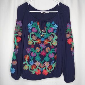 Soft Surroundings‎ Top Embroidered Colorful Floral Peasant Popover 3/4 Sleeve